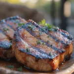 Close-up of grilled maple Dijon pork chops coated in a sweet and savory glaze with caramelized grill marks.