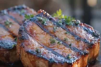 Close-up of grilled maple Dijon pork chops coated in a sweet and savory glaze with caramelized grill marks.