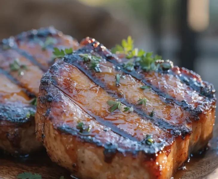 Close-up of grilled maple Dijon pork chops coated in a sweet and savory glaze with caramelized grill marks.
