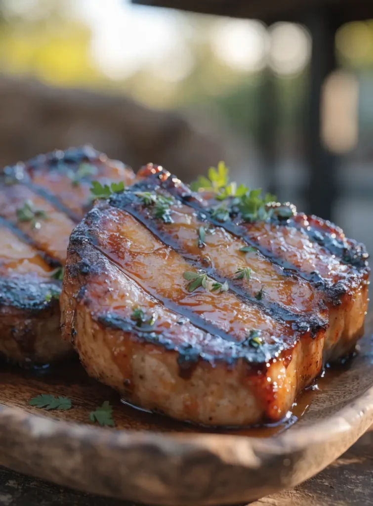 Close-up of grilled maple Dijon pork chops coated in a sweet and savory glaze with caramelized grill marks.