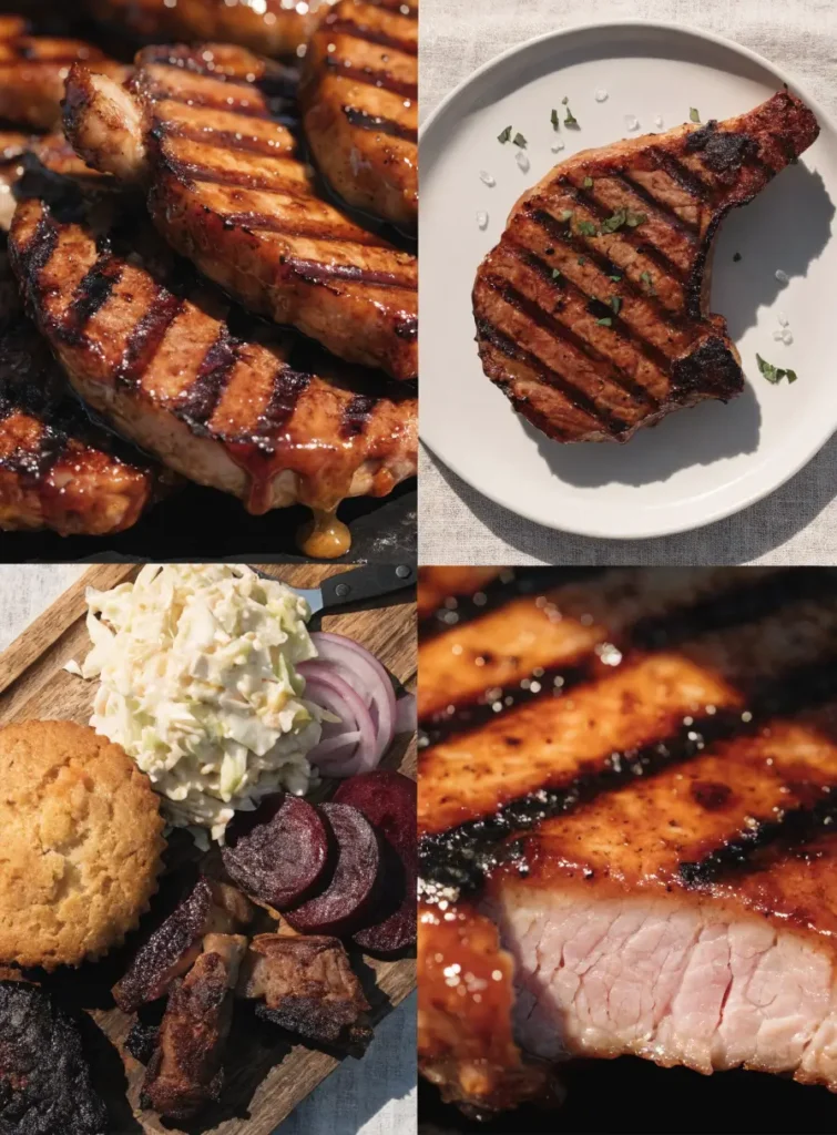 Top-view of maple Dijon pork chops arranged on a serving platter with fresh herbs and barbecue side dishes.