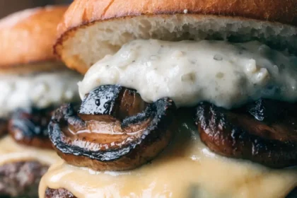 Close-up of a grilled mushroom Swiss burger with melted Swiss cheese, garlic aioli, and caramelized mushrooms on a toasted bun.