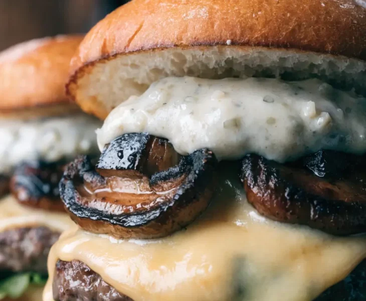 Close-up of a grilled mushroom Swiss burger with melted Swiss cheese, garlic aioli, and caramelized mushrooms on a toasted bun.