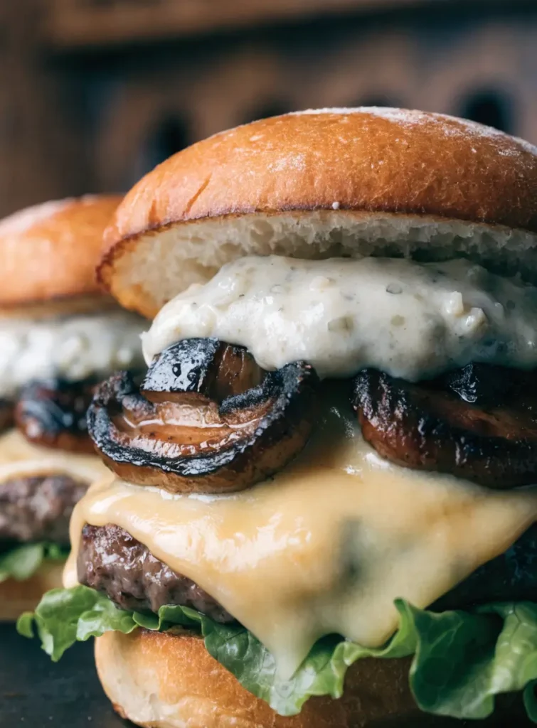 Close-up of a grilled mushroom Swiss burger with melted Swiss cheese, garlic aioli, and caramelized mushrooms on a toasted bun.