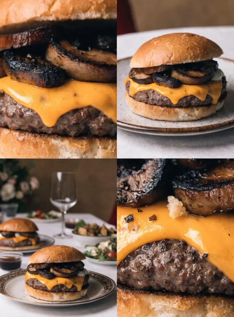 Collage of grilled mushroom Swiss burgers with garlic aioli featuring close-up, plated, dining table, and ingredient texture views.