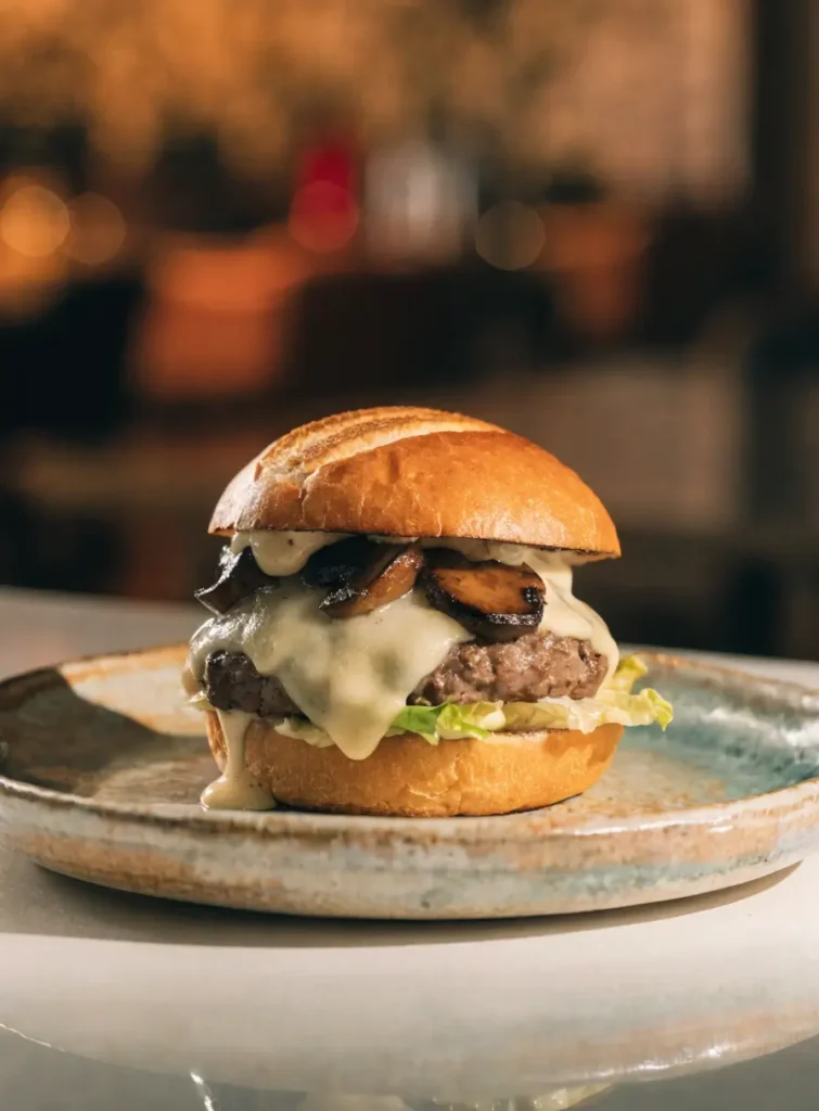 Front-view plated mushroom Swiss burger topped with grilled mushrooms, Swiss cheese, and garlic aioli.