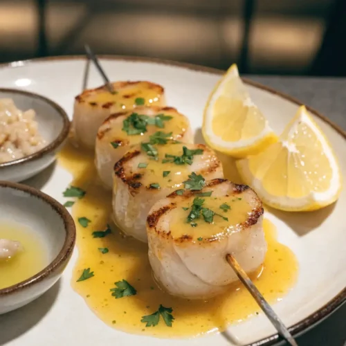 Front-view plated grilled scallop skewers with lemon garlic butter, fresh herbs, and lemon garnish.