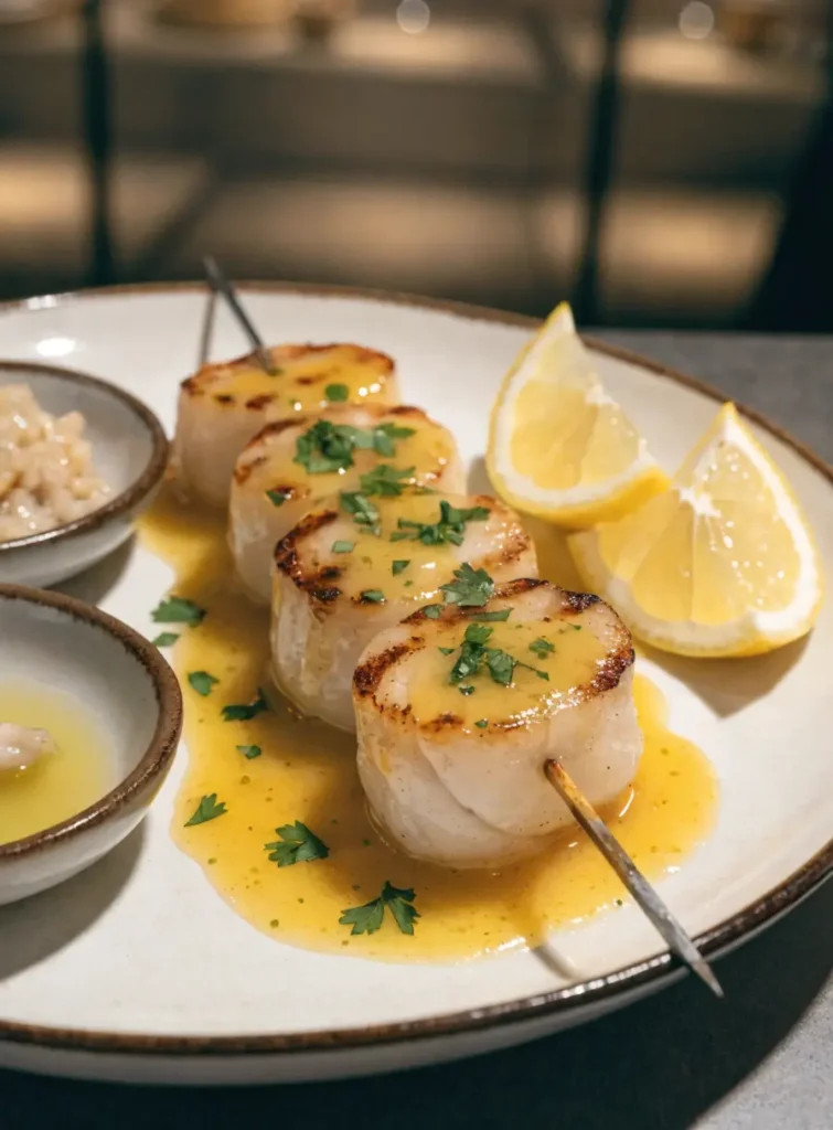 Front-view plated grilled scallop skewers with lemon garlic butter, fresh herbs, and lemon garnish.