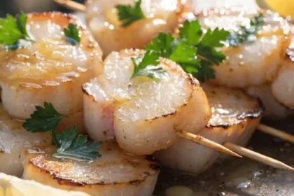 Close-up of grilled scallop skewers brushed with lemon garlic butter, parsley, and fresh lemon wedges.