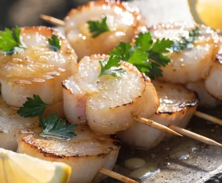 Close-up of grilled scallop skewers brushed with lemon garlic butter, parsley, and fresh lemon wedges.