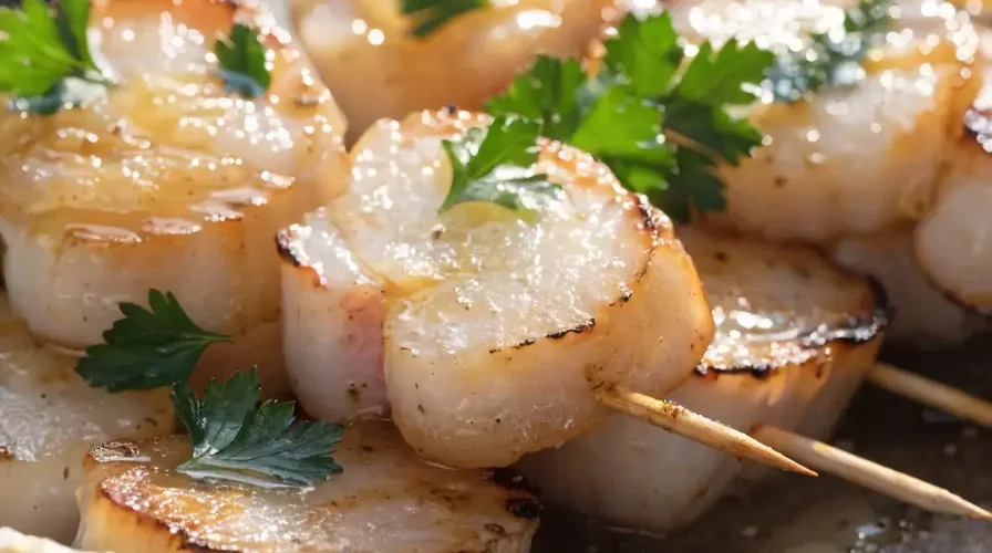Close-up of grilled scallop skewers brushed with lemon garlic butter, parsley, and fresh lemon wedges.