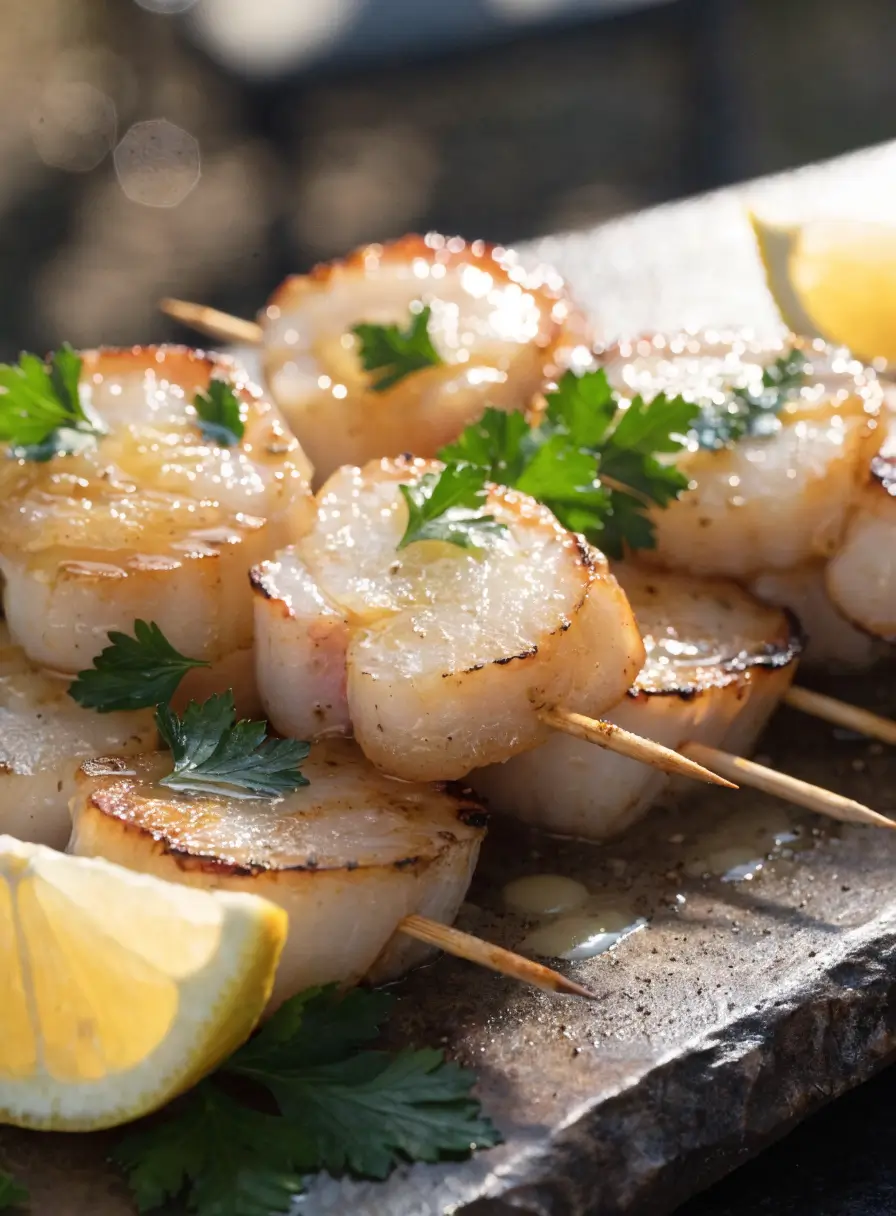 Close-up of grilled scallop skewers brushed with lemon garlic butter, parsley, and fresh lemon wedges.