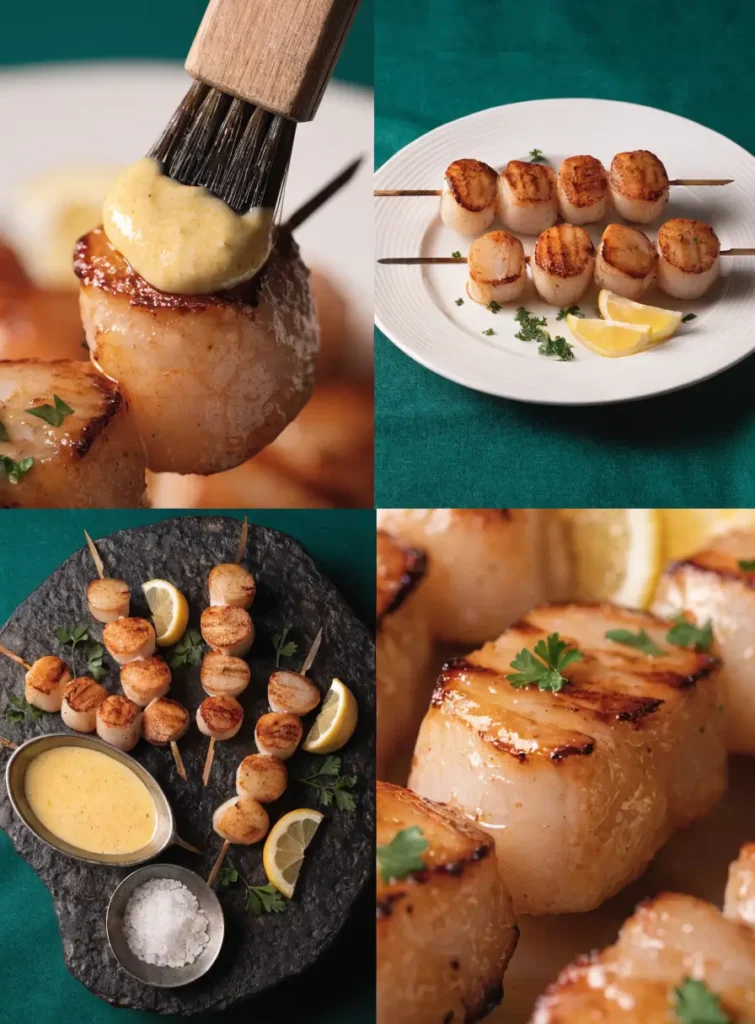 Collage featuring grilled scallop skewers with lemon garlic butter from close-up, plated, overhead, and texture-focused perspectives.