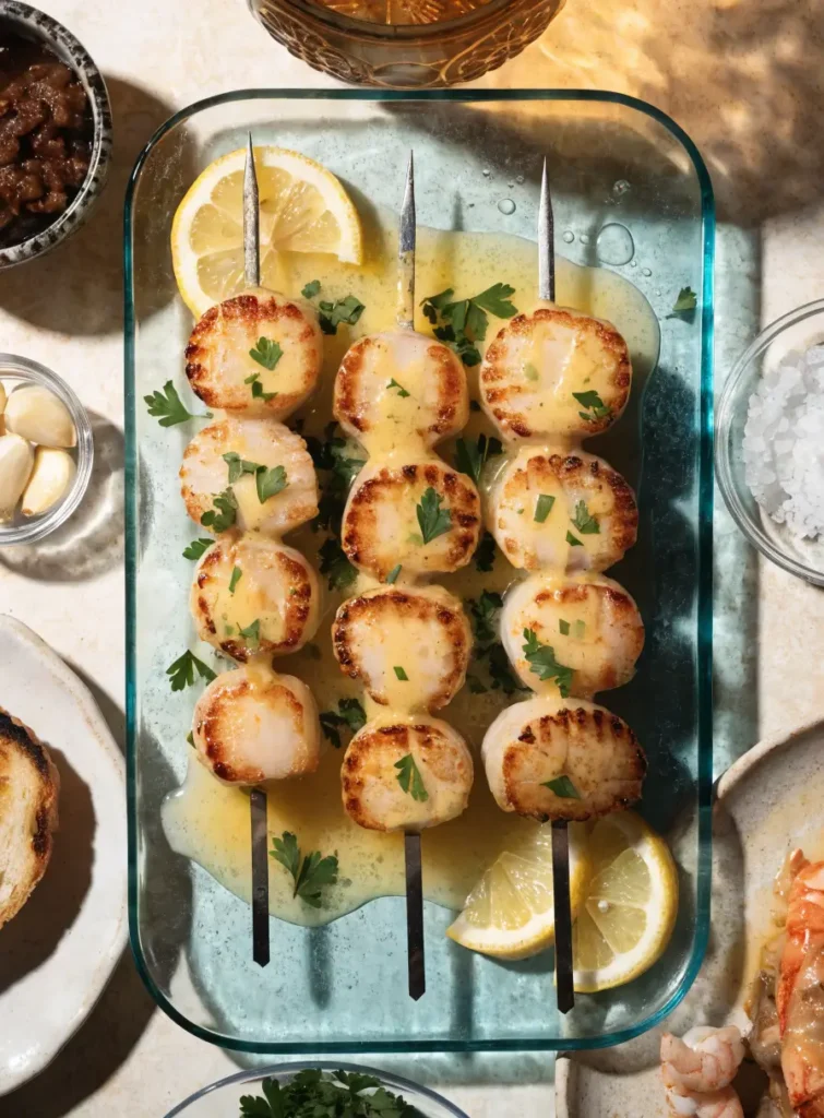 Overhead view of grilled scallop skewers with lemon garlic butter served on an elegant platter with lemon wedges.