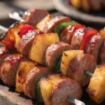 Close-up of Hawaiian BBQ sausage pineapple kabobs with grilled pineapple, smoked sausage, bell peppers, and barbecue glaze.