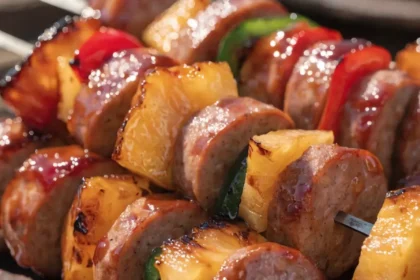 Close-up of Hawaiian BBQ sausage pineapple kabobs with grilled pineapple, smoked sausage, bell peppers, and barbecue glaze.