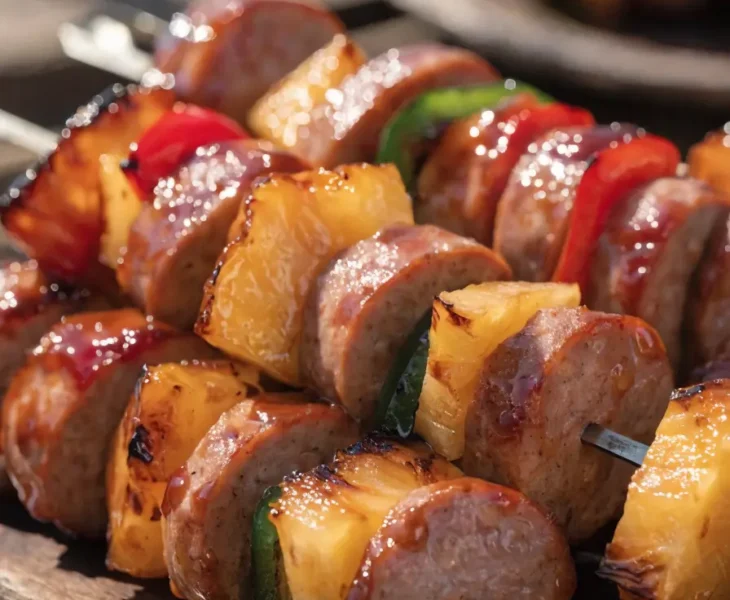 Close-up of Hawaiian BBQ sausage pineapple kabobs with grilled pineapple, smoked sausage, bell peppers, and barbecue glaze.