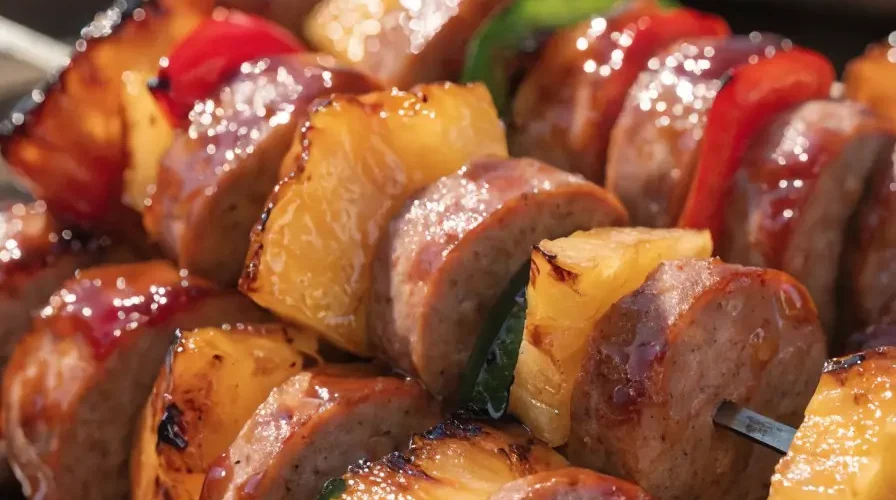 Close-up of Hawaiian BBQ sausage pineapple kabobs with grilled pineapple, smoked sausage, bell peppers, and barbecue glaze.