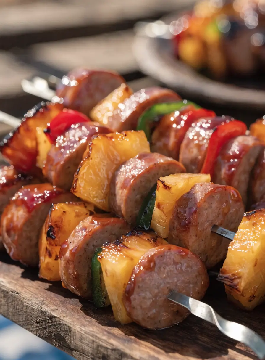 Close-up of Hawaiian BBQ sausage pineapple kabobs with grilled pineapple, smoked sausage, bell peppers, and barbecue glaze.