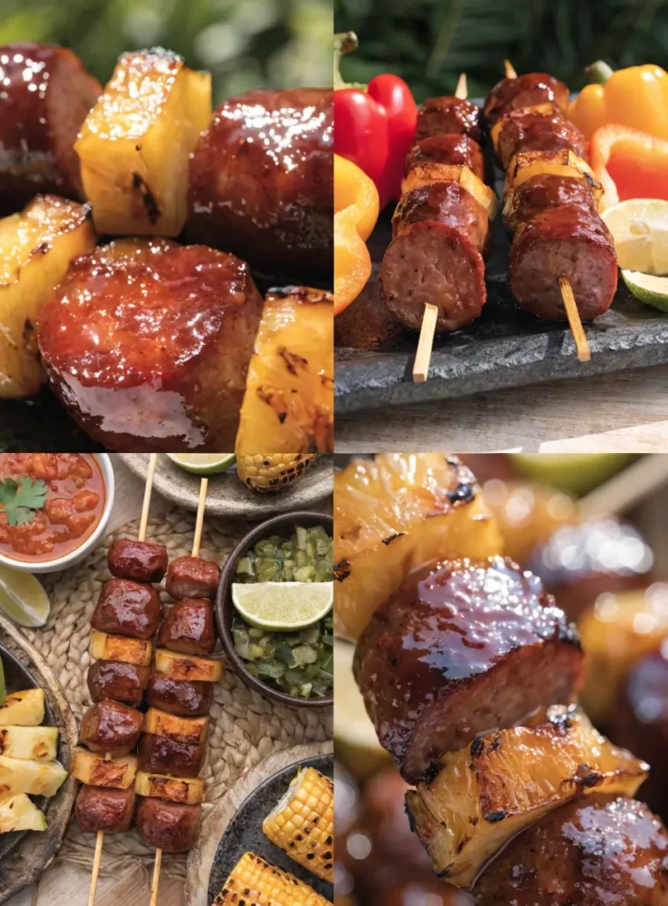 Collage featuring Hawaiian BBQ sausage pineapple kabobs from close-up, plated, overhead, and texture-focused perspectives.