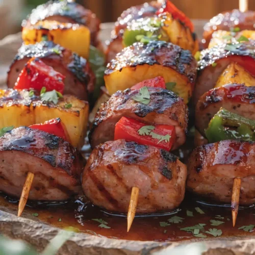 Front-view platter of Hawaiian BBQ sausage pineapple kabobs with grilled pineapple, peppers, and barbecue glaze.