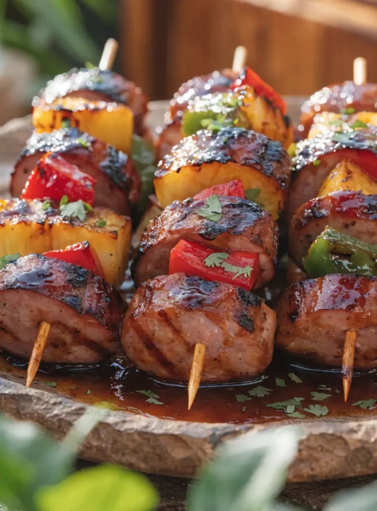 Front-view platter of Hawaiian BBQ sausage pineapple kabobs with grilled pineapple, peppers, and barbecue glaze.