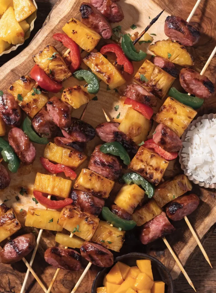 Top-view of Hawaiian BBQ sausage pineapple kabobs served on a platter with tropical-inspired side dishes.