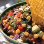 Close-up of loaded cowboy caviar dip with black beans, corn, avocado, tomatoes, peppers, and cilantro.
