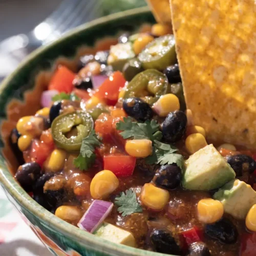 Close-up of loaded cowboy caviar dip with black beans, corn, avocado, tomatoes, peppers, and cilantro.