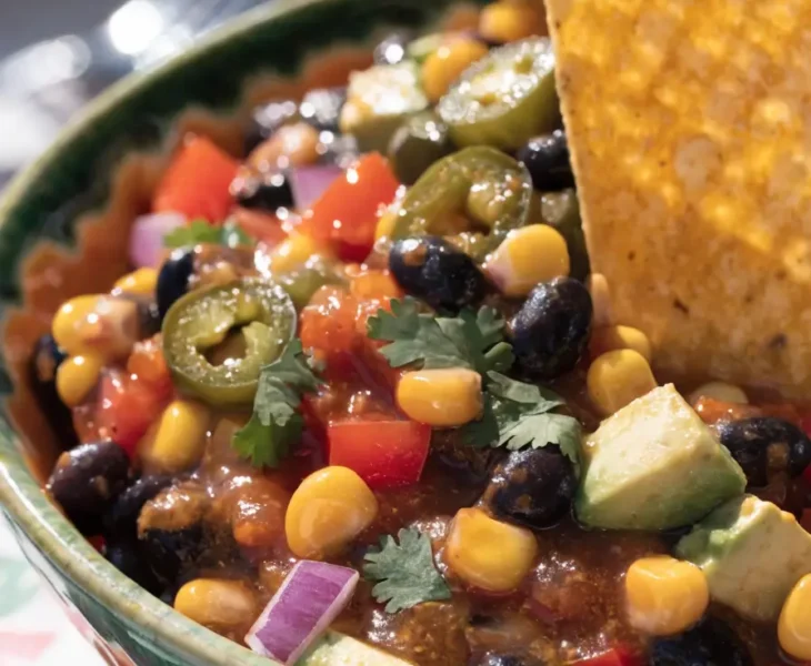 Close-up of loaded cowboy caviar dip with black beans, corn, avocado, tomatoes, peppers, and cilantro.