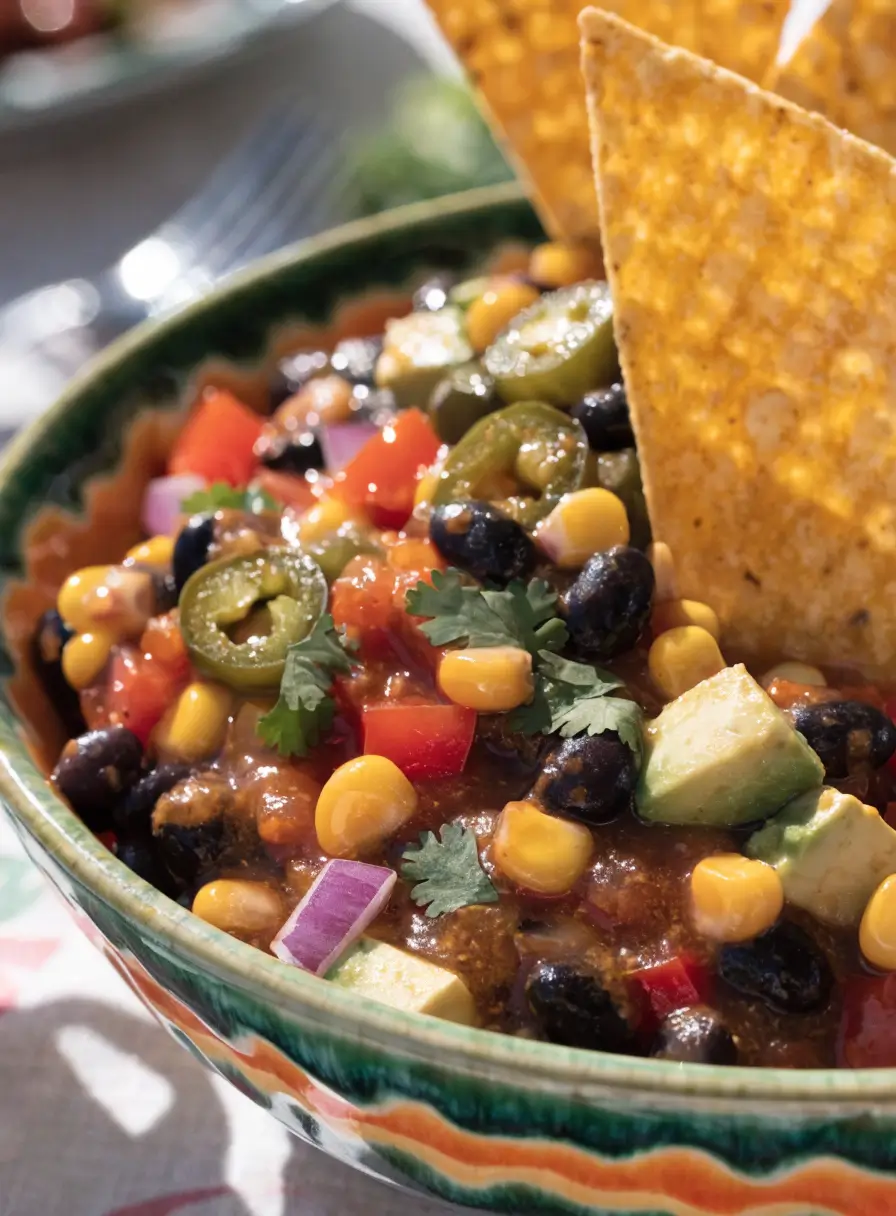 Close-up of loaded cowboy caviar dip with black beans, corn, avocado, tomatoes, peppers, and cilantro.