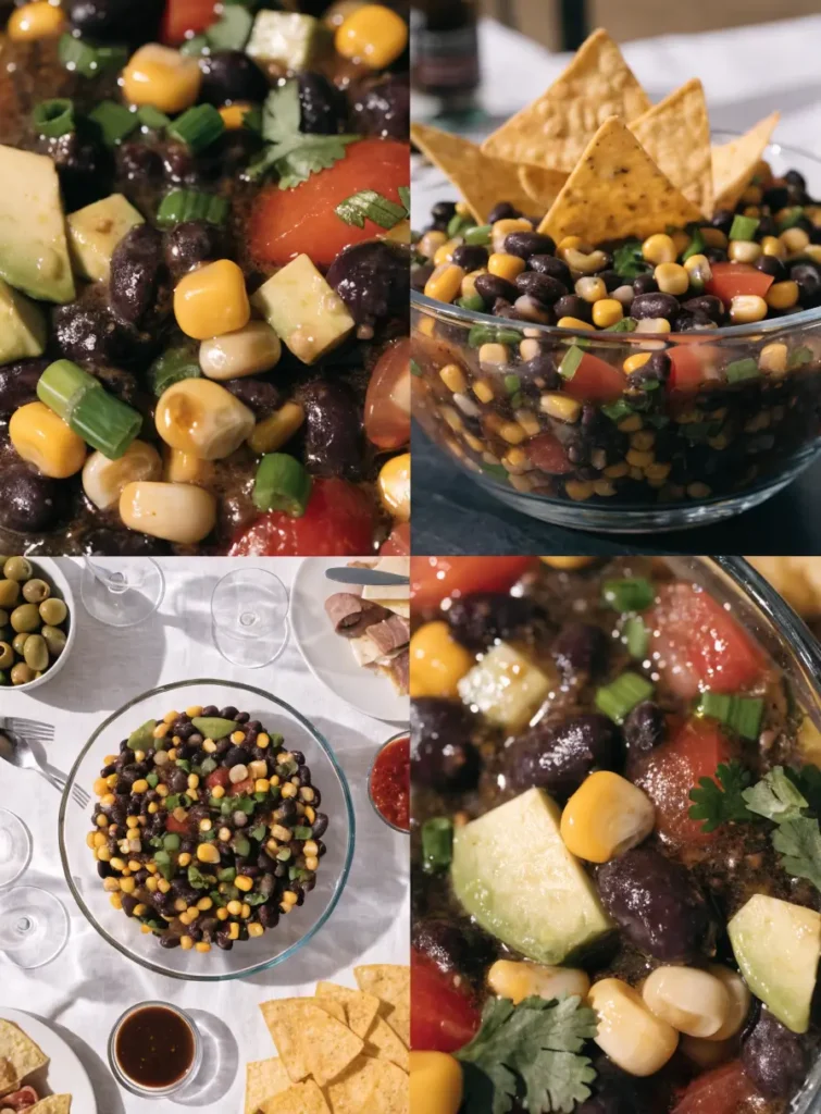 Collage featuring loaded cowboy caviar dip from close-up, plated, overhead, and texture-focused perspectives.