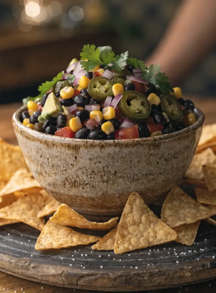 Front-view bowl of cowboy caviar dip served with tortilla chips and fresh Tex-Mex ingredients.