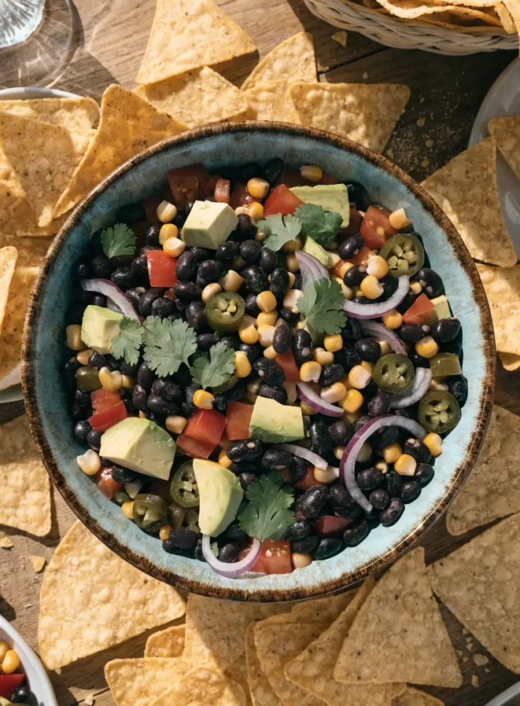 Overhead view of loaded cowboy caviar dip with tortilla chips on a rustic party table.