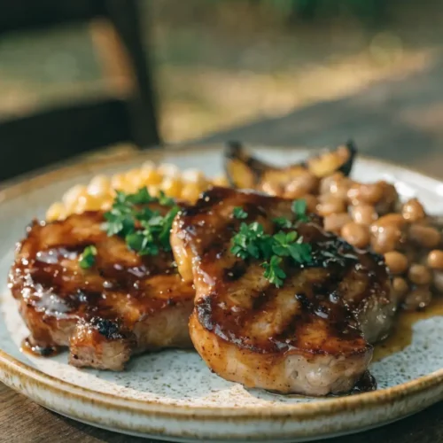 Front-view plated maple Dijon pork chops with caramelized glaze, fresh herbs, and barbecue-inspired side dishes.