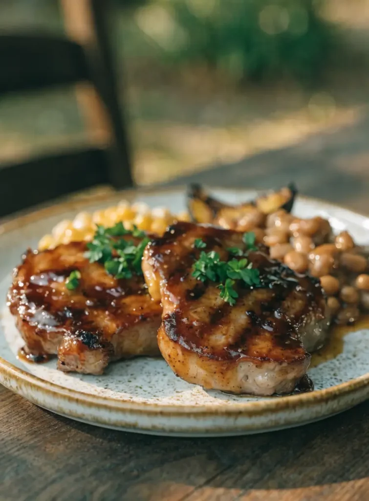 Front-view plated maple Dijon pork chops with caramelized glaze, fresh herbs, and barbecue-inspired side dishes.