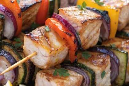 Close-up of Mediterranean grilled swordfish skewers with bell peppers, zucchini, red onion, lemon wedges, and fresh herbs.