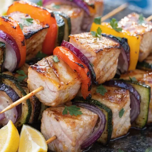 Close-up of Mediterranean grilled swordfish skewers with bell peppers, zucchini, red onion, lemon wedges, and fresh herbs.