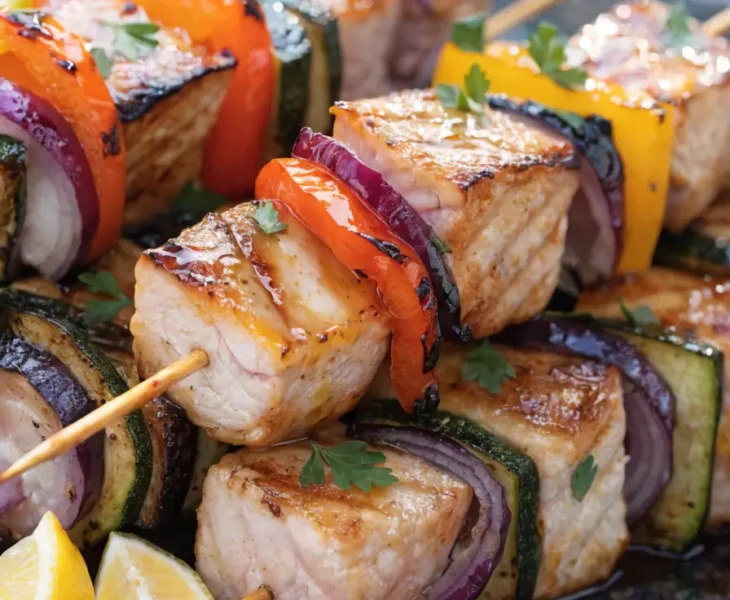 Close-up of Mediterranean grilled swordfish skewers with bell peppers, zucchini, red onion, lemon wedges, and fresh herbs.