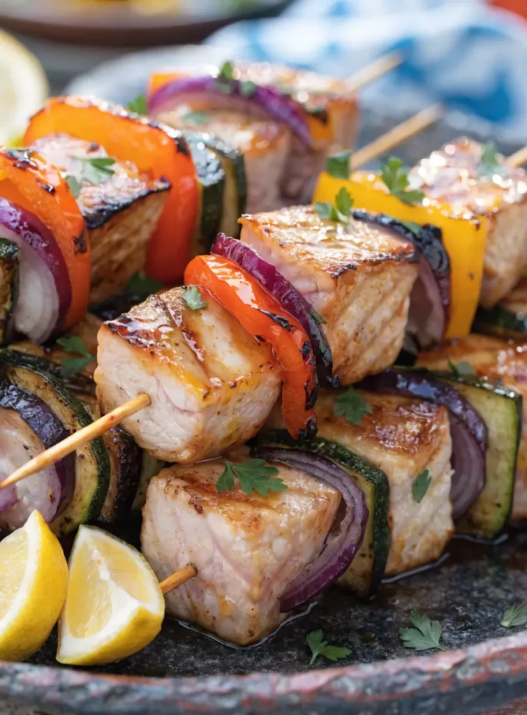 Close-up of Mediterranean grilled swordfish skewers with bell peppers, zucchini, red onion, lemon wedges, and fresh herbs.