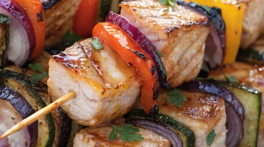 Close-up of Mediterranean grilled swordfish skewers with bell peppers, zucchini, red onion, lemon wedges, and fresh herbs.