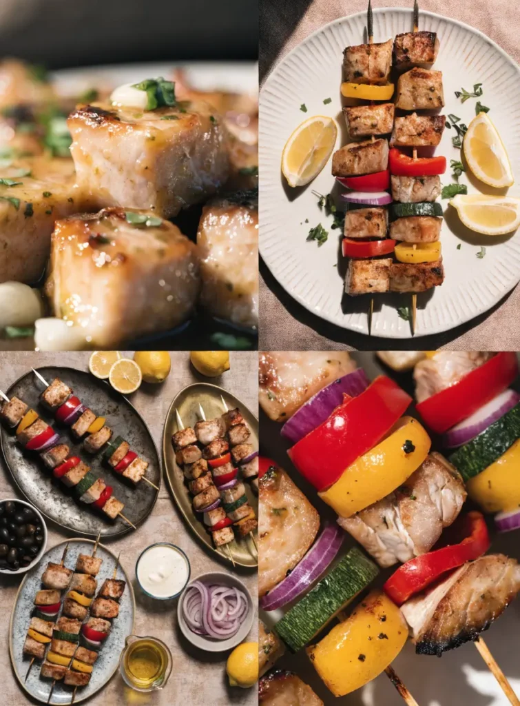 Collage featuring Mediterranean grilled swordfish skewers from close-up, plated, overhead, and texture-focused perspectives.
