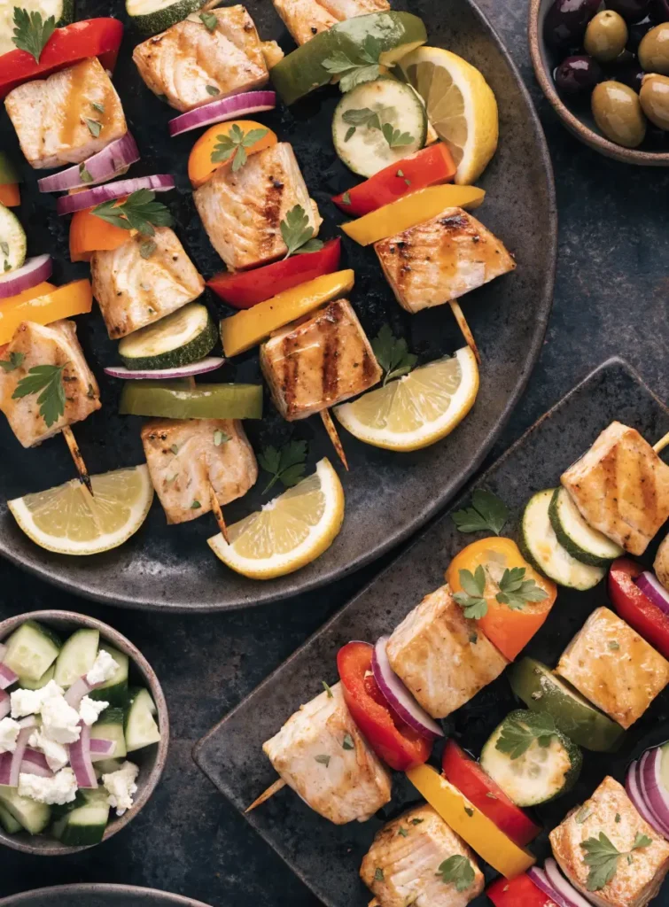 Overhead view of Mediterranean grilled swordfish skewers with vegetables, olives, cucumber salad, and lemon garnish.