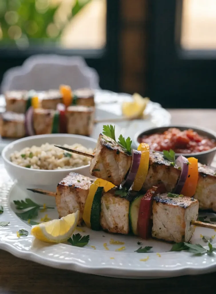 Front-view plated Mediterranean swordfish skewers with grilled vegetables, lemon wedges, and herb garnish.