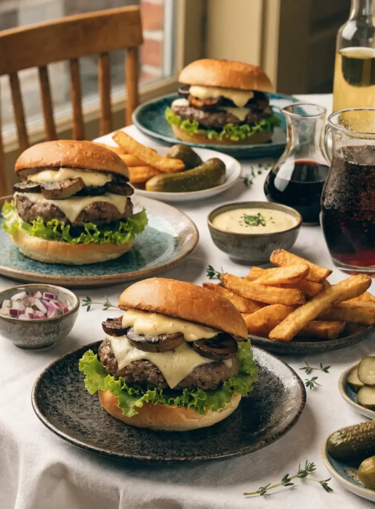 Grilled mushroom Swiss burgers with garlic aioli served on a dining table with fries, pickles, and dipping sauces.