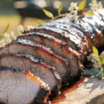 Close-up of sliced bourbon BBQ pork tenderloin coated in a sticky sweet smoky glaze with visible grill marks.