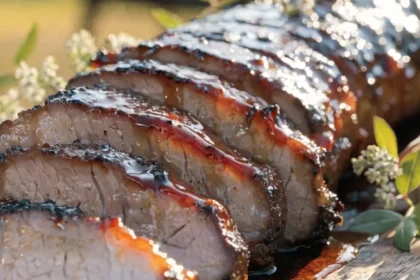 Close-up of sliced bourbon BBQ pork tenderloin coated in a sticky sweet smoky glaze with visible grill marks.