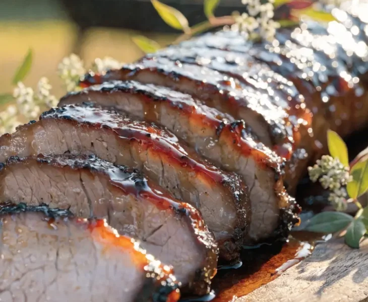 Close-up of sliced bourbon BBQ pork tenderloin coated in a sticky sweet smoky glaze with visible grill marks.