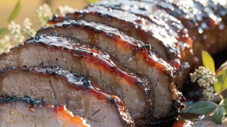 Close-up of sliced bourbon BBQ pork tenderloin coated in a sticky sweet smoky glaze with visible grill marks.