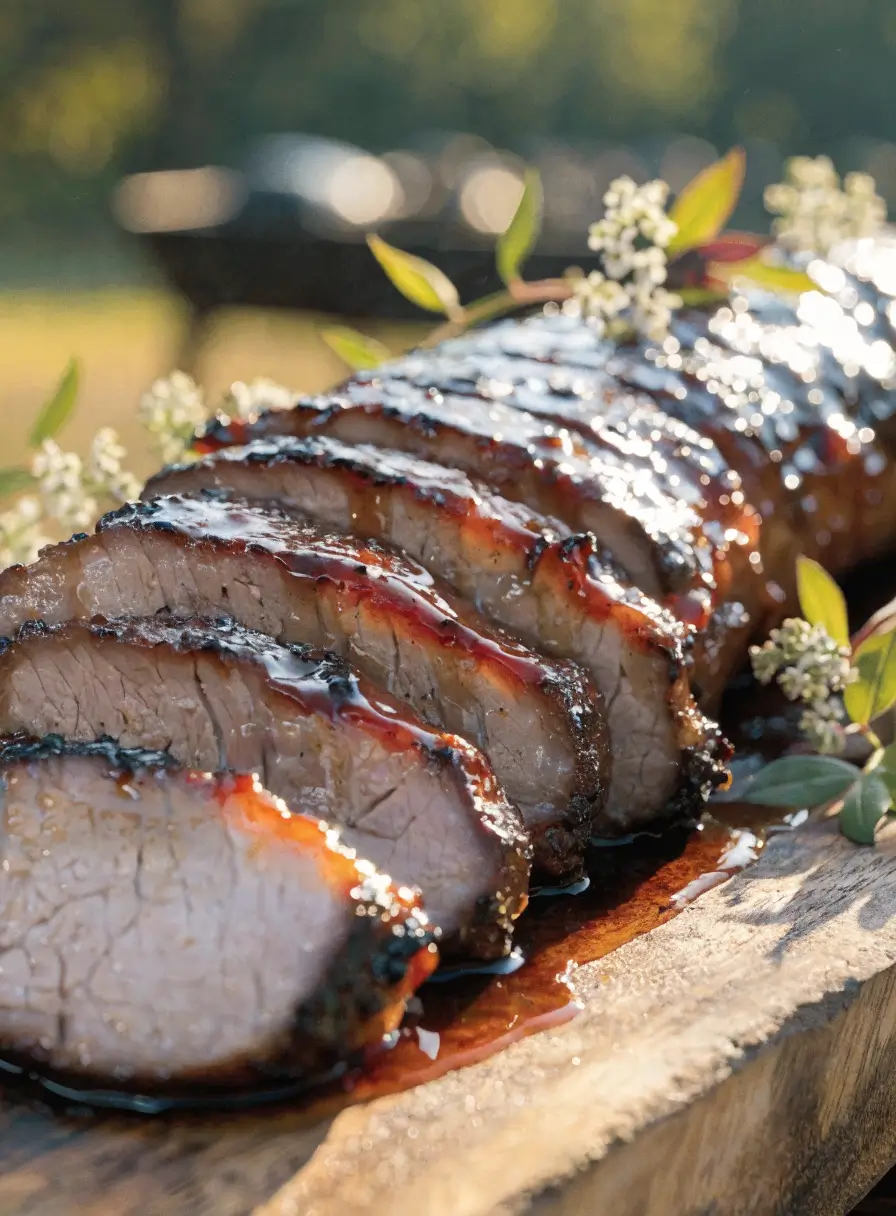 Close-up of sliced bourbon BBQ pork tenderloin coated in a sticky sweet smoky glaze with visible grill marks.